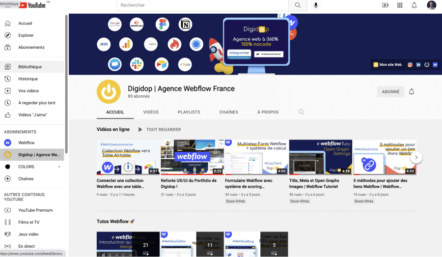 Screen de l'accueil de la chaîne Youtube, Digidop Agence Webflow France