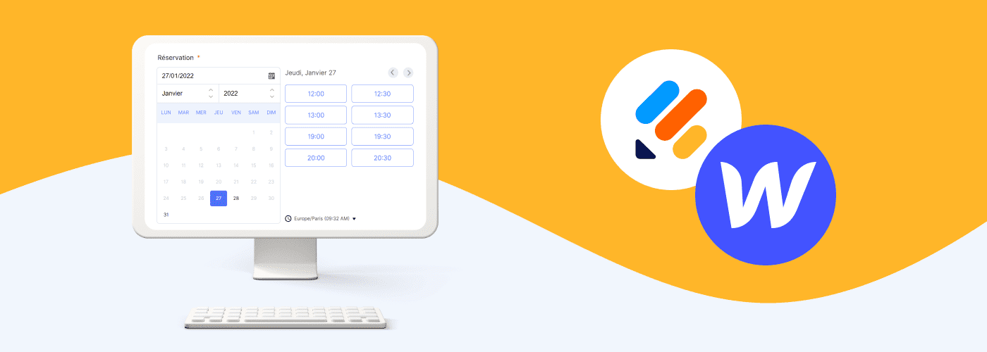 Ordinateur avec système de réservation logo jotform et logo webflow