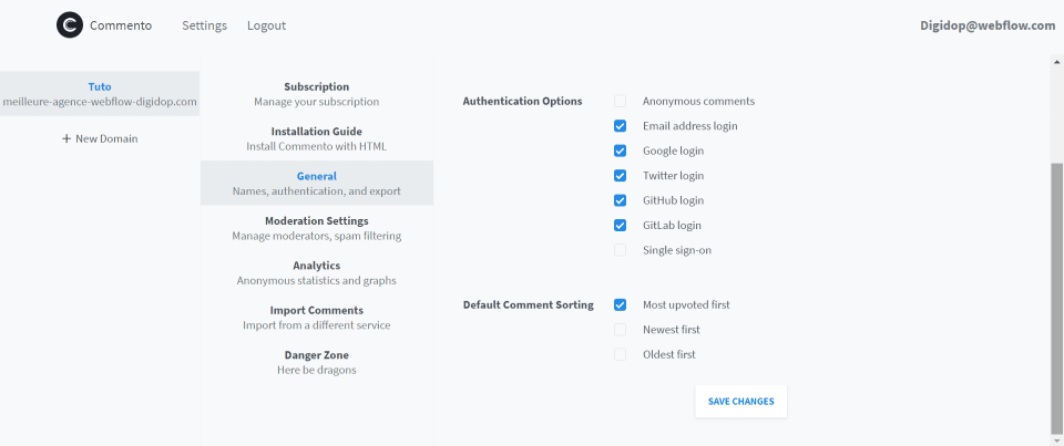Interface gestion de commentaires sur le plugin Commento.io