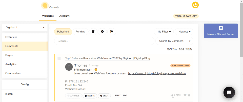 Interface gestion de commentaires sur le plugin Hyvor.talk