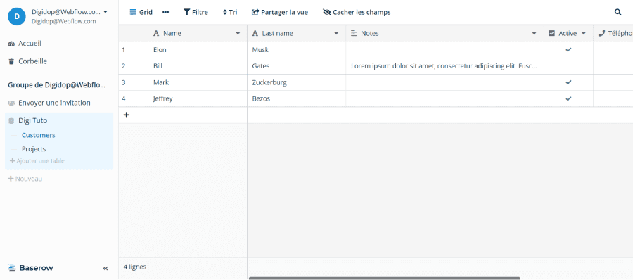 interface de l'outil no-code baserow : alternative à airtable