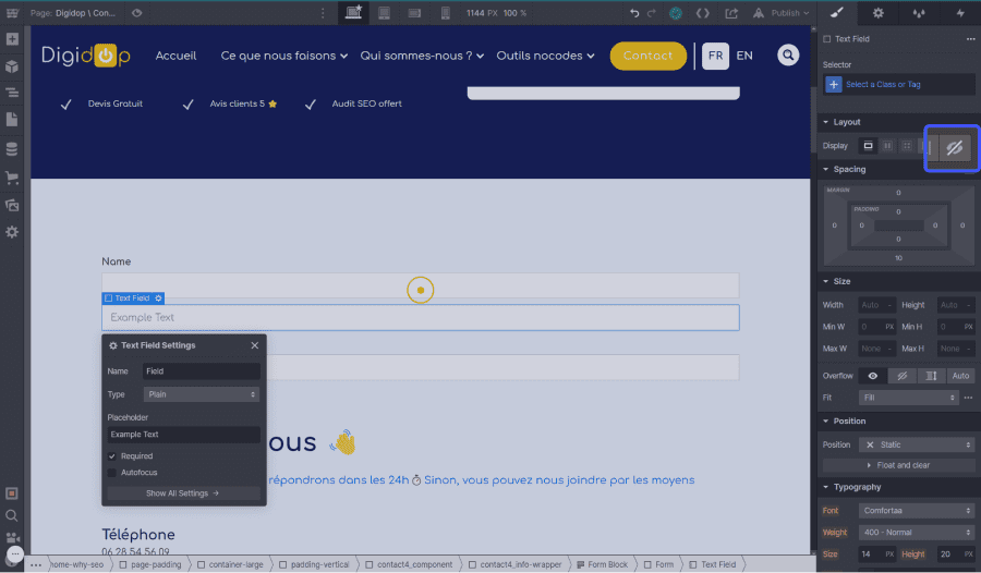 Champ masqué Webflow entouré en bleu