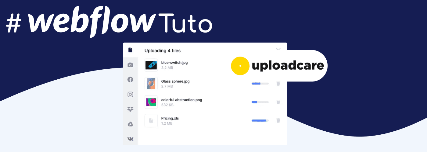 Bloc de téléchargement uploadcare sur fond bleu avec logo webflow