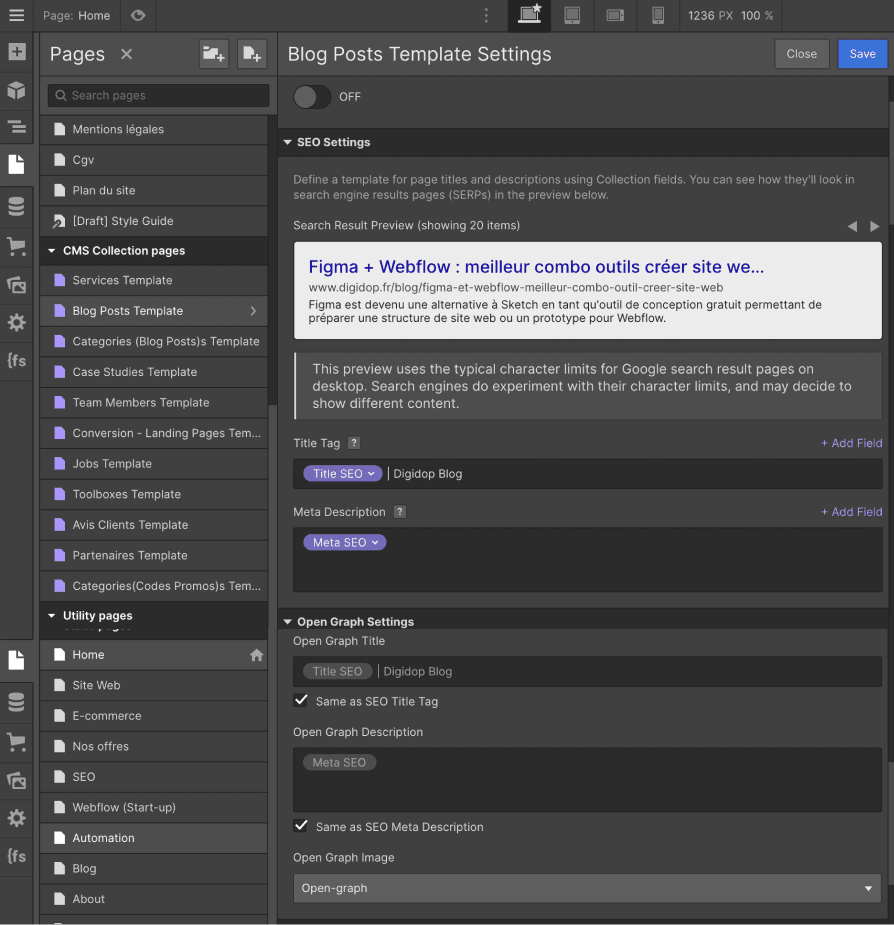 Blog Posts Template Settings de Digidop.fr