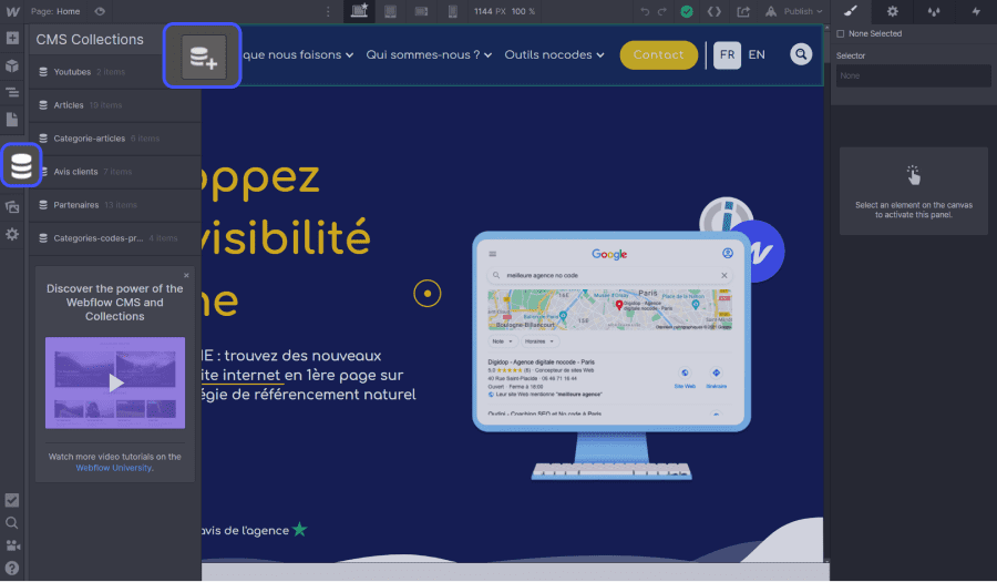 designer webflow avec boutons de création d'une nouvelle collection entourés en bleu