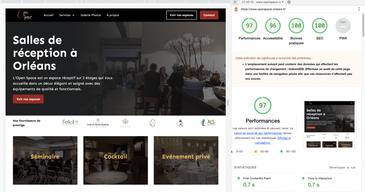 Capture d'écran d'un audit du site open space d'orléans sur la Lighthouse de Google avec des scores proches de 100 sur les 4 thématiques