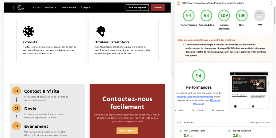 Score de performanes 94,98, 100 et 100 de l'audit du site openspace-orleans.fr