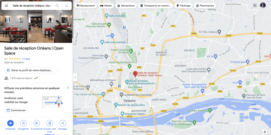 Fiche business profile de la salle de réception Open Space à Orléans