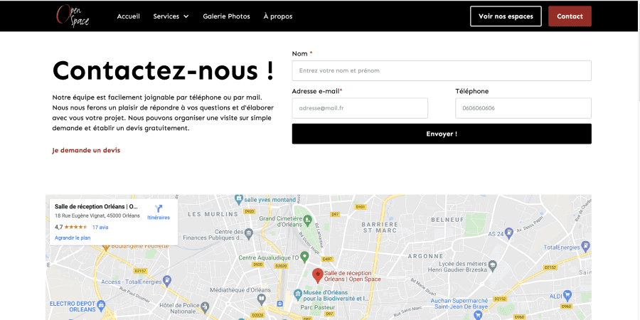 page contact avec formulaire et intégration Google Map