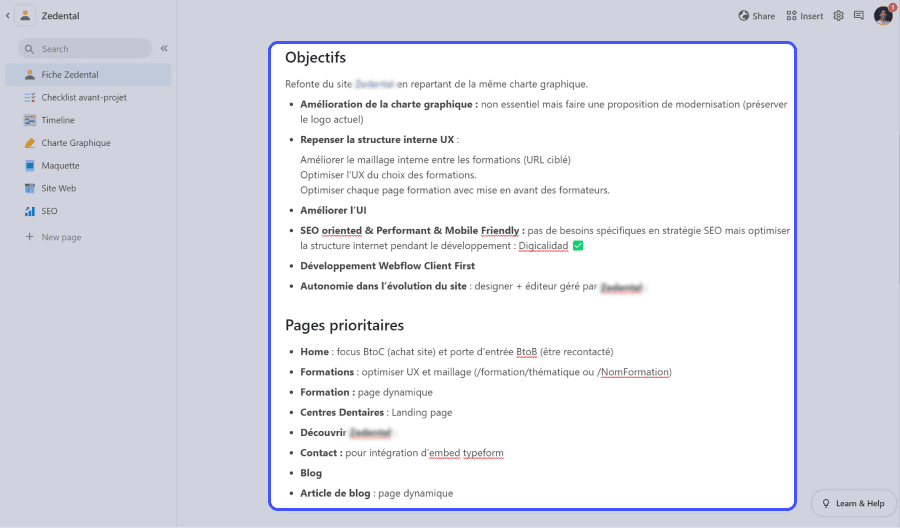 page coda avec objectif de projet webflow