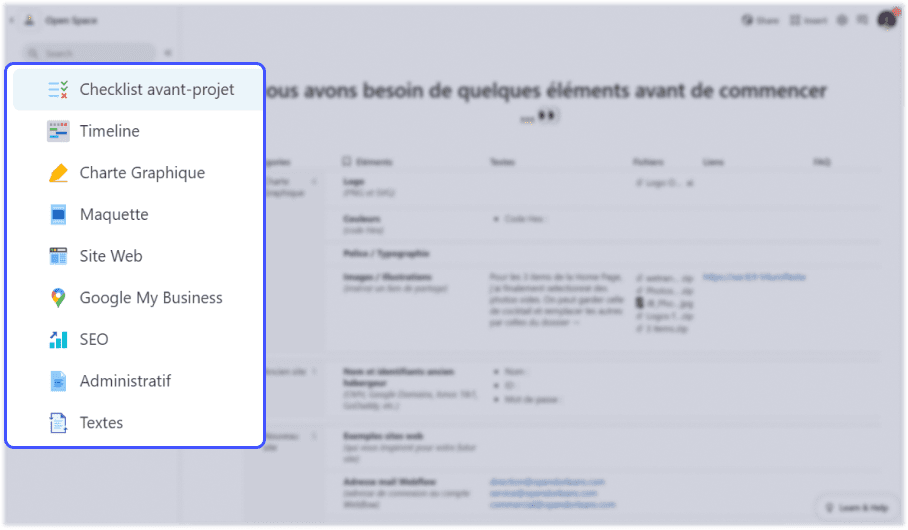 colonne avec etapes de suivi de projet webflow dans coda
