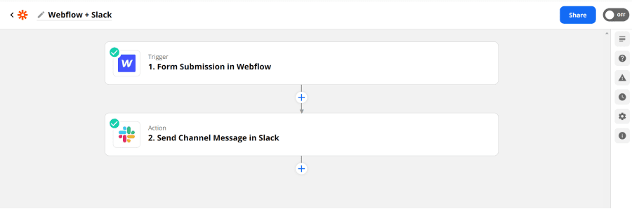 zap avec un trigger webflow et un module slack
