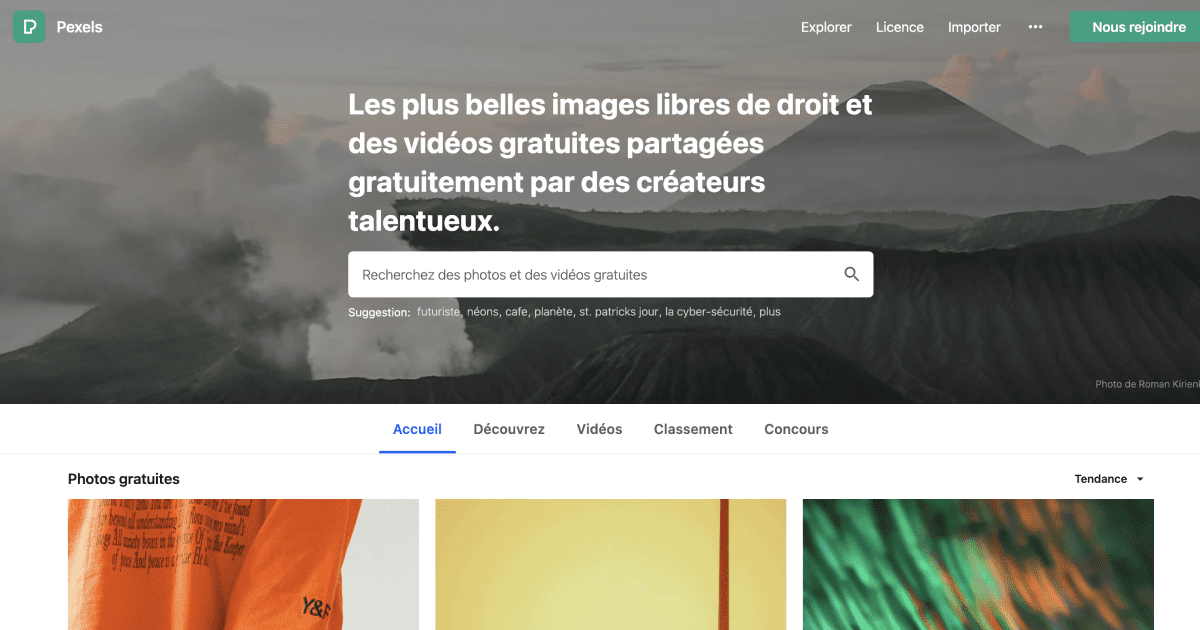 Capture d'écran de la page d'accueil du site Pexel