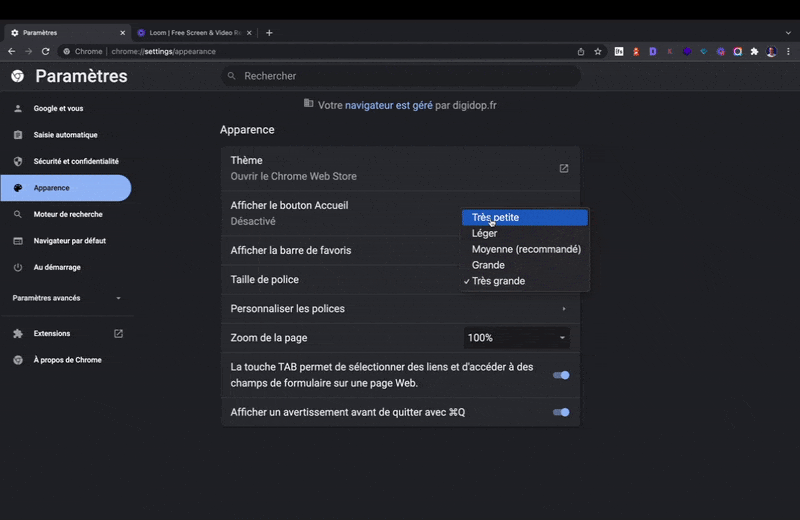 Changement des préférences apparence dans le navigateur Google