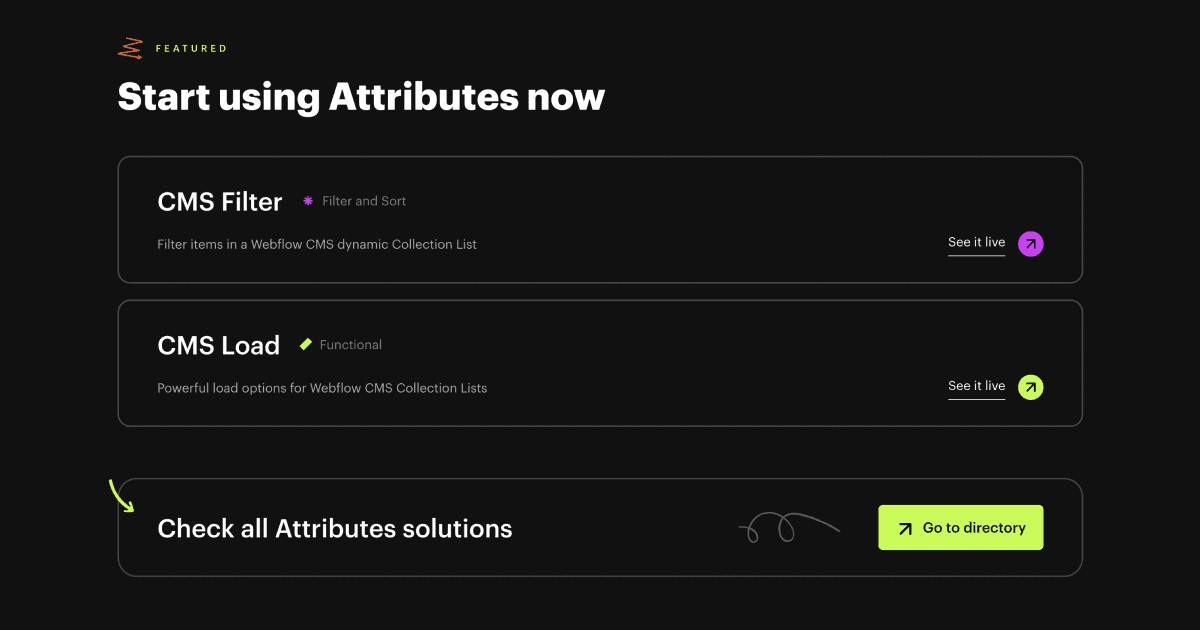 Capture d'écran des propositions sur le site attributes de Finsweet : CMS filter, CMS load