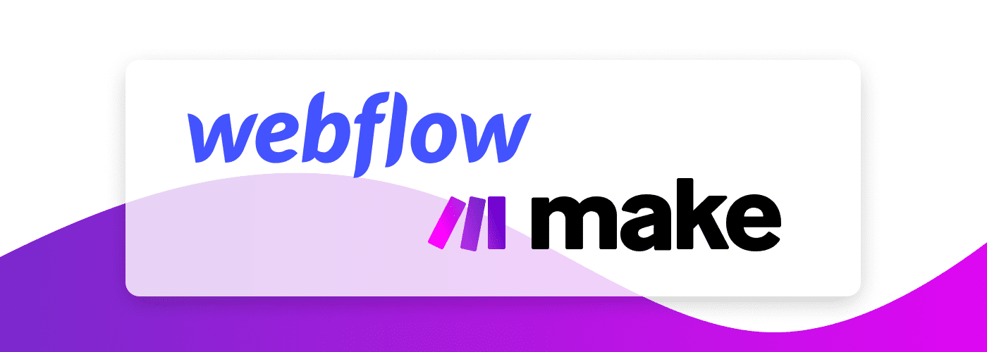 logo make (integromat) et webflow sur fond violet