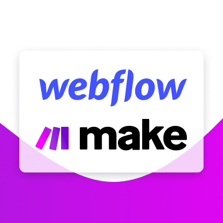 logo make (integromat) et webflow sur fond violet