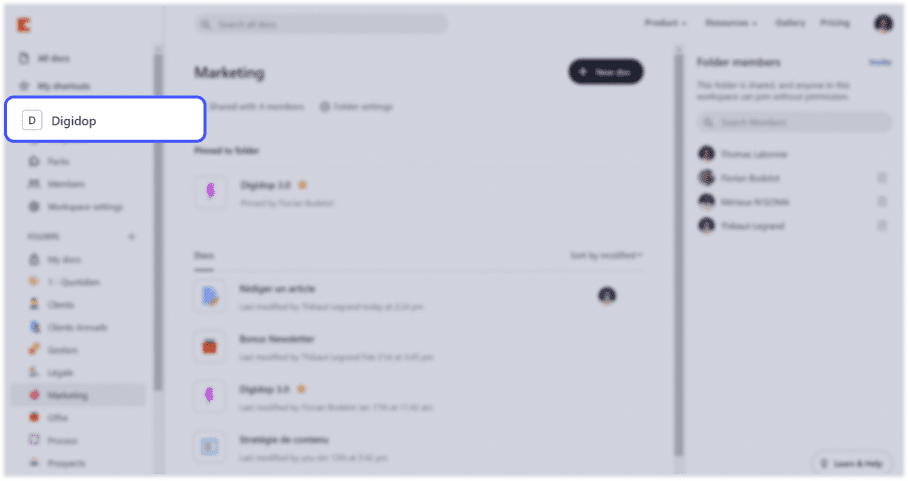 interface de l'outil nocode coda avec focus sur l'espace de travail