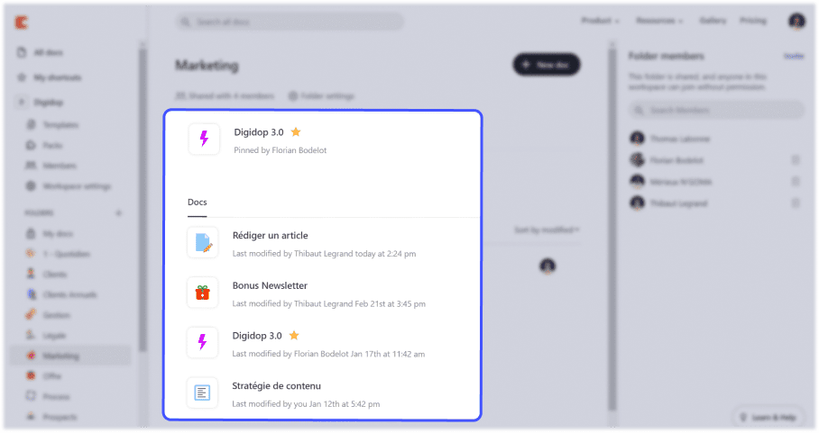 interface de l'outil nocode coda avec focus sur les documents