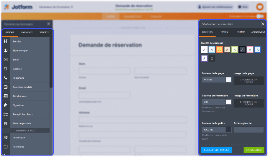 interface de creation de formulaire web jotform avec focus sur la personnalisation