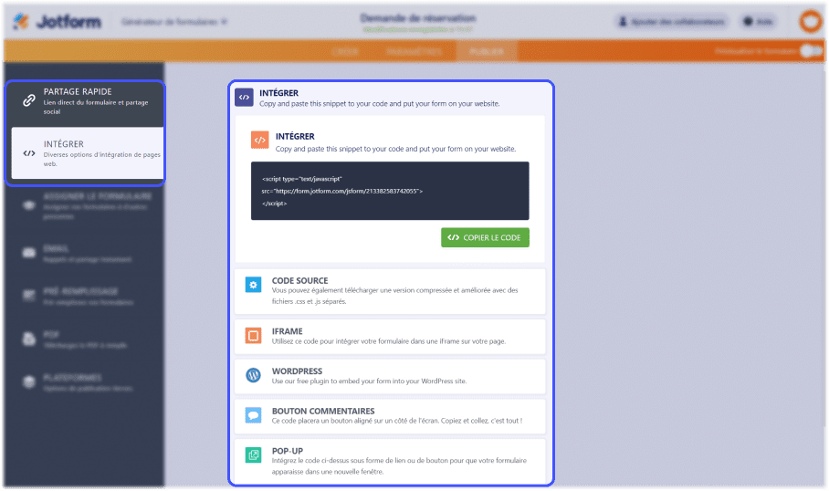 interface de creation de formulaire web jotform avec focus sur les options de partage