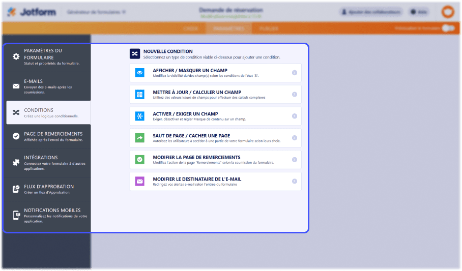 interface de creation de formulaire web jotform avec focus sur les fonctionnalités avancées