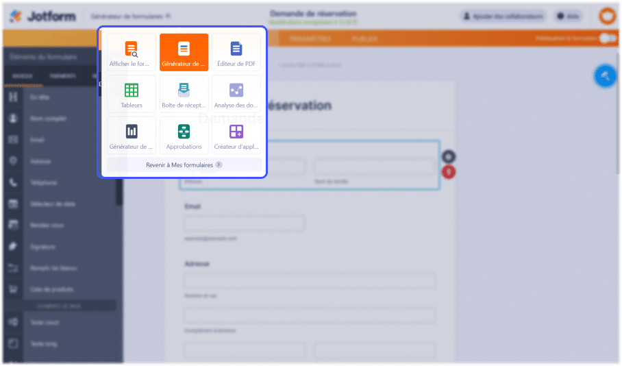 interface de creation de formulaire web jotform avec focus sur les outils de gestion des données