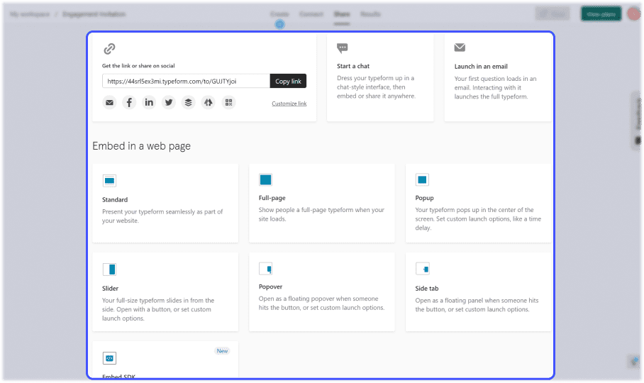 interface typeform avec focus sur les options de partage du formulaire web