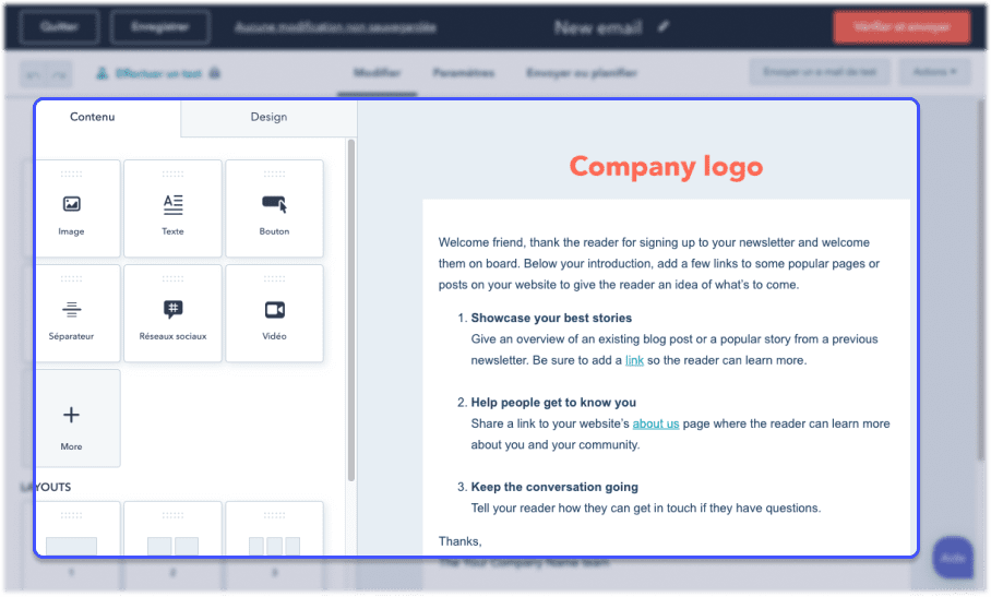 interface hubpot avec focus sur l'outil de création de campagnes de mails