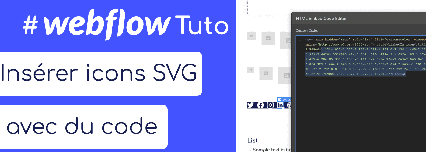 Aperçu du code intégré dans Webflow pour une icône SVG