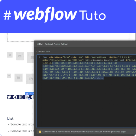 Aperçu du code intégré dans Webflow pour une icône SVG