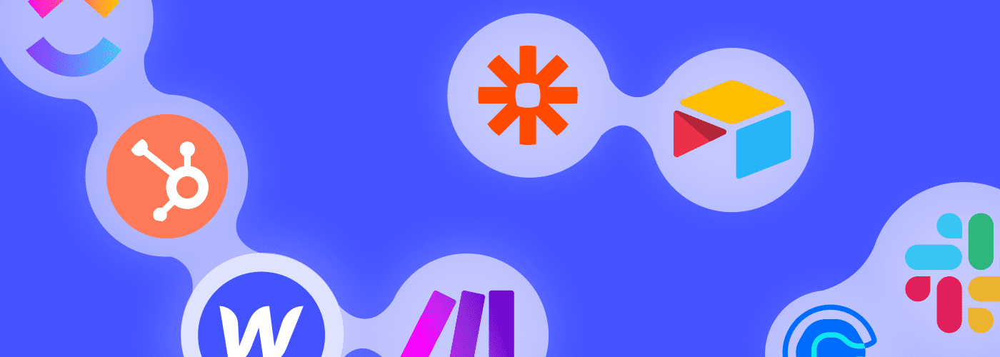 Logo d'outils no-code : Webflow, Make, Airtable, Zapier, Slack, Hubspot, Click-up et calendly
