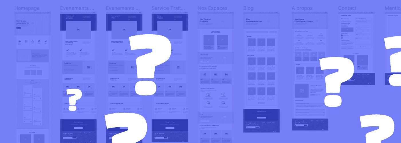Point d'interrogations blancs avec en arrière plan une maquette web sur Figma
