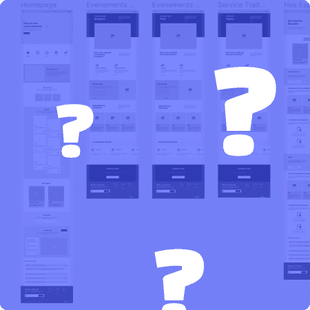 Point d'interrogations blancs avec en arrière plan une maquette web sur Figma