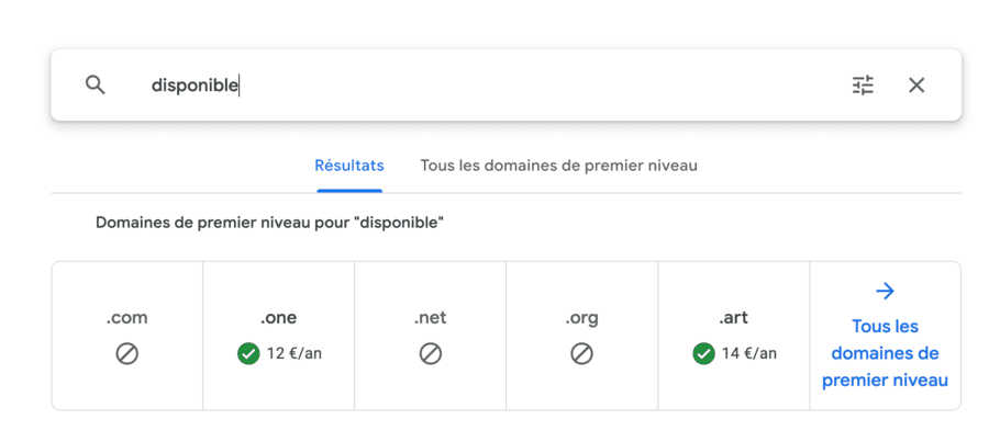 screen avec nom de domaine disponible ou non sur Google Domain