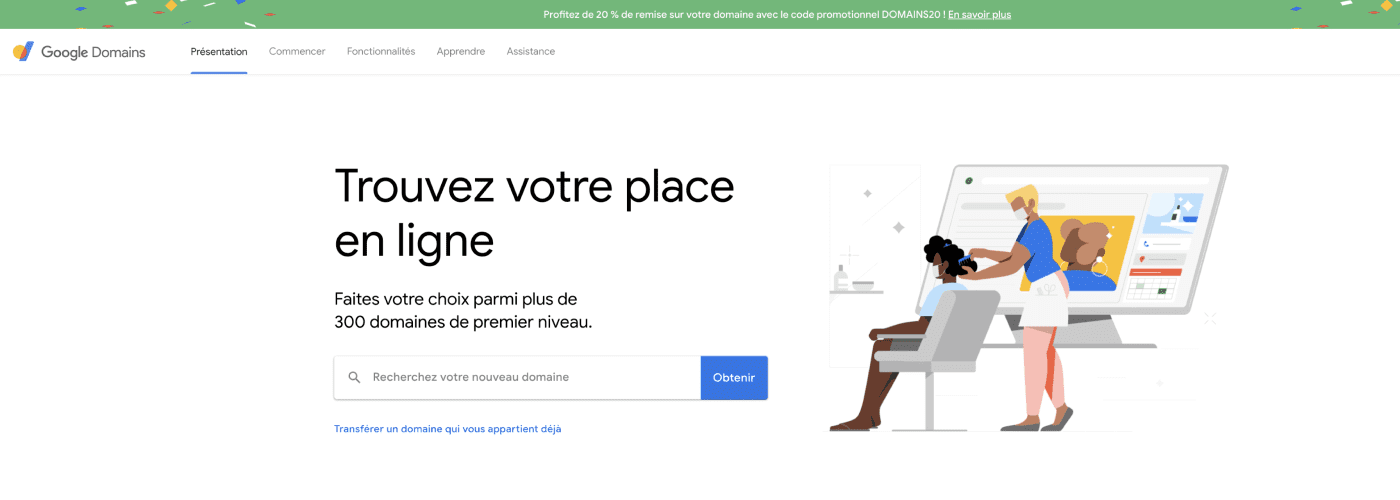 Page Google Domains avec une barre de recherche pour chercher son nom de domaine