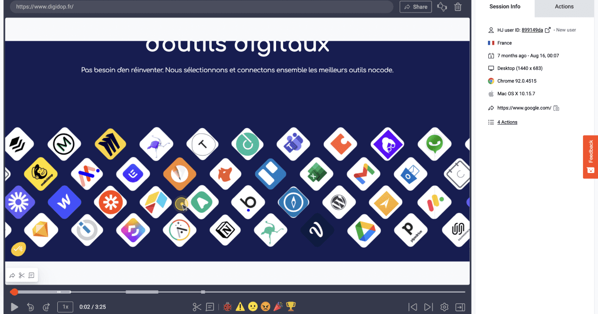 Hotjar screen d'un enregistrement sur le site de Digidop