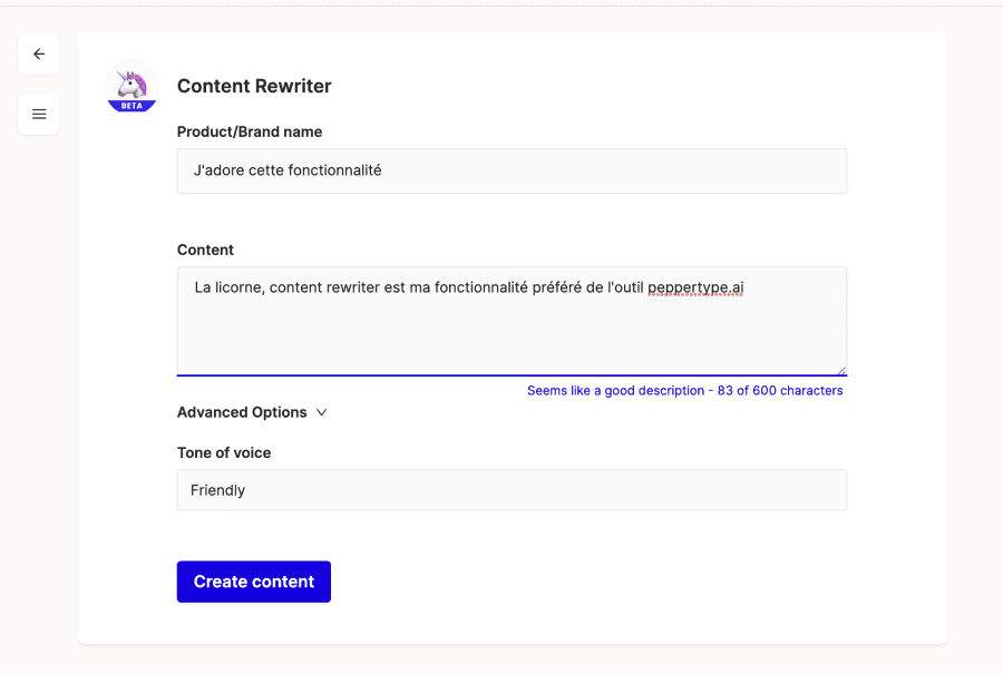 capture d'écran de l'utilisation "content rewriter" de Peppertype.ai avec un tone of voice "friendly"