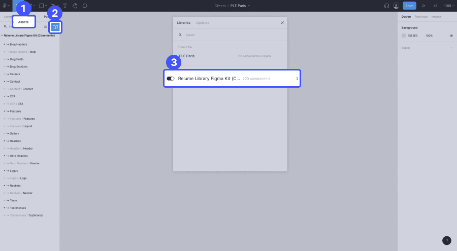 étape d'ajout du kit relume client first dans un projet figma