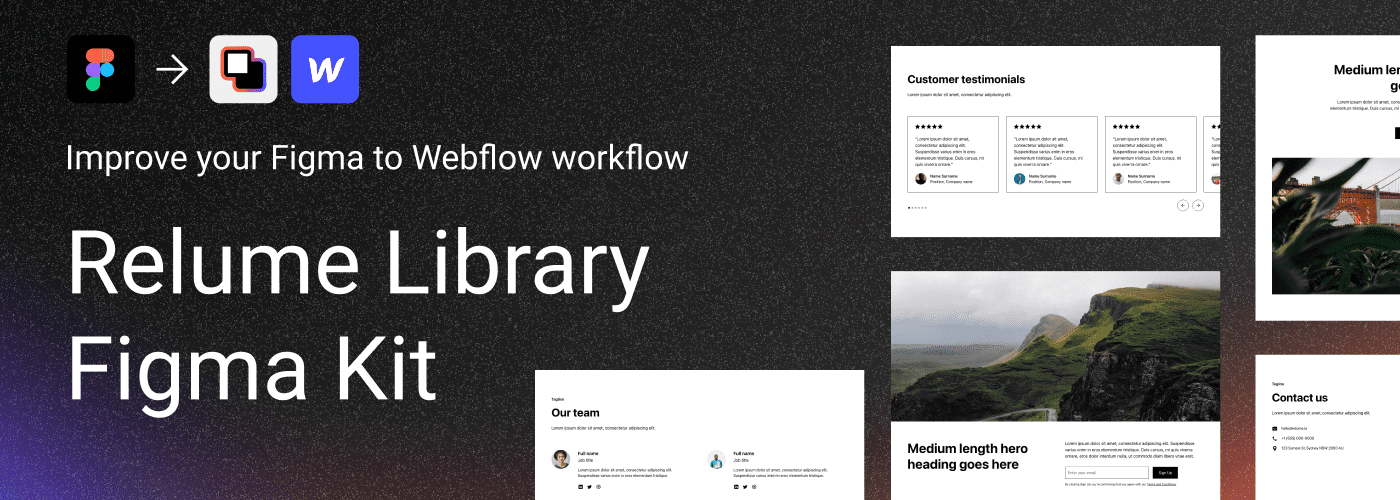 logo relume figma et webflow avec des composants figma client first sur fond noir
