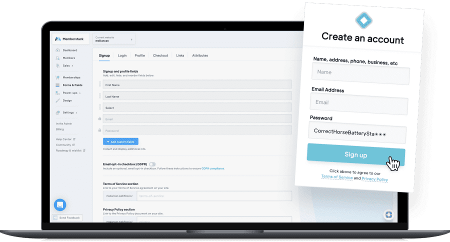 ecran d'ordinateur avec interface d'authentification memberstack