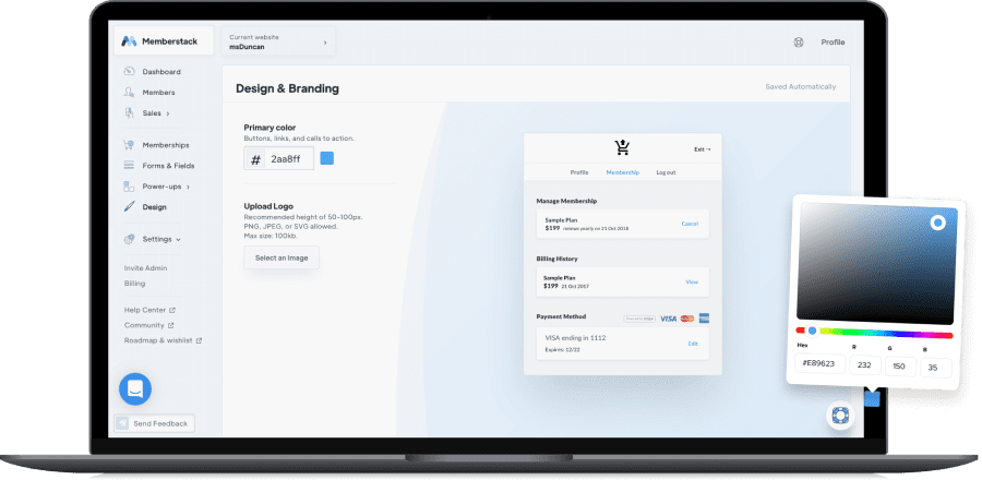 ecran d'ordinateur avec interface de design memberstack