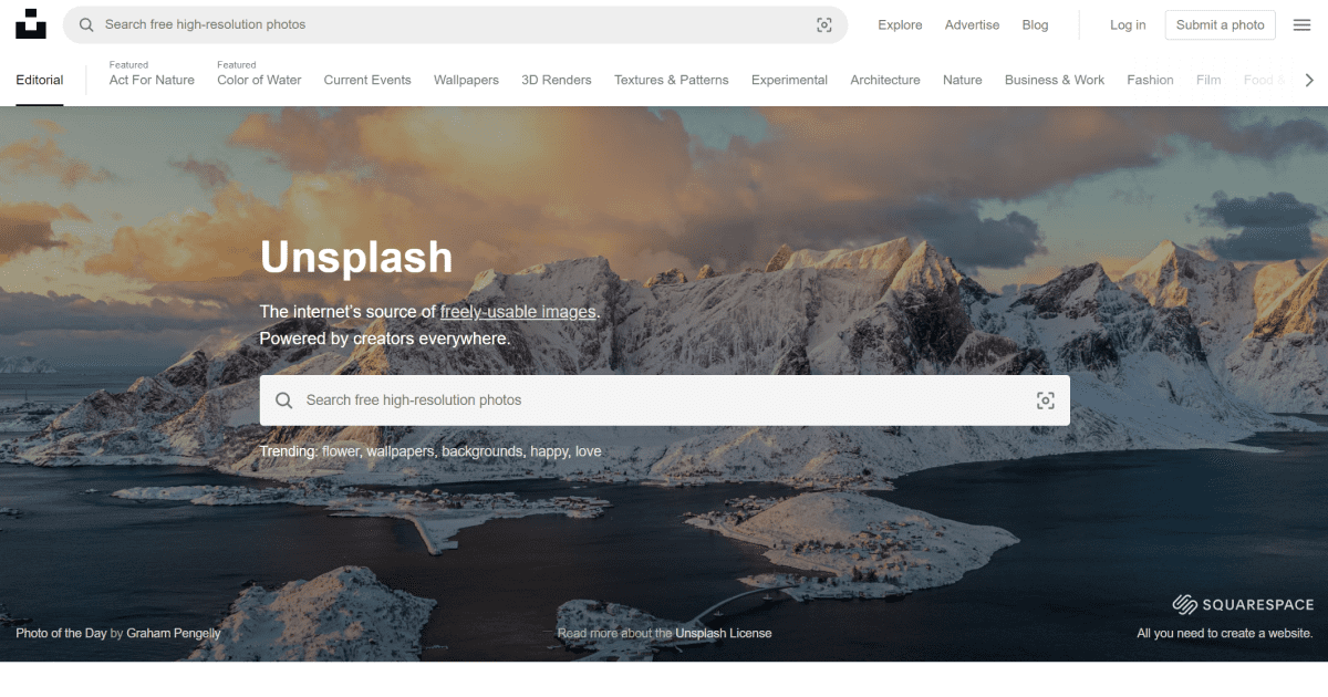 page principale de la plateforme de banque d'image Unsplash