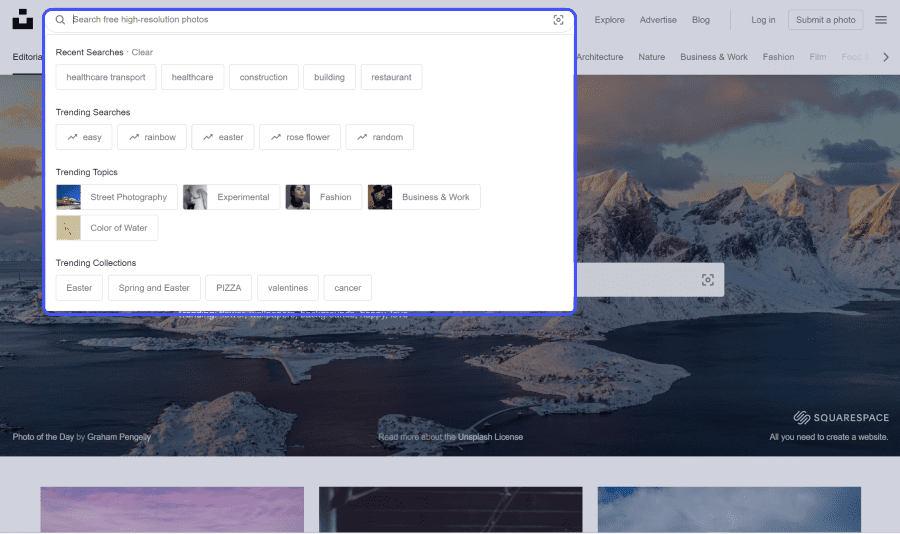 système de filtrage et bare de recherche d'image sur la plateorme unsplash