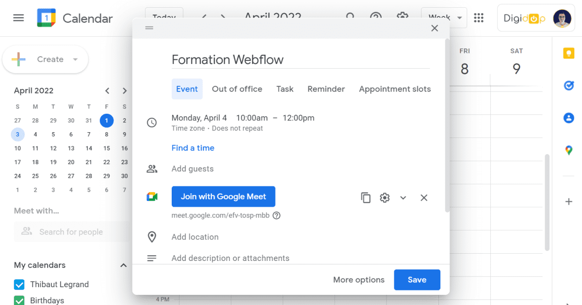 Interface de l'outil no-code Google Agenda
