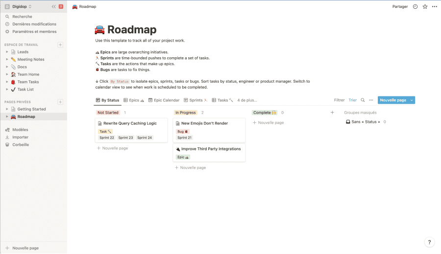 interface de l'outil notion