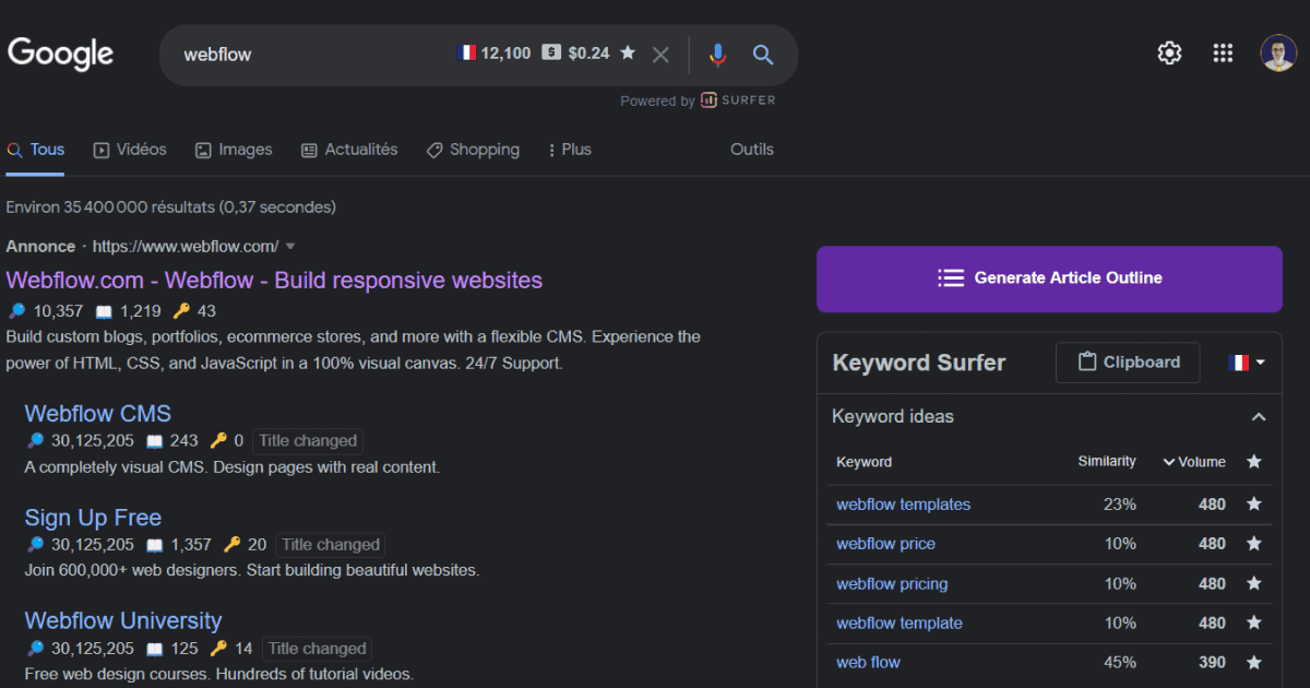 Interface outil no-code SEO Keyword Surfer