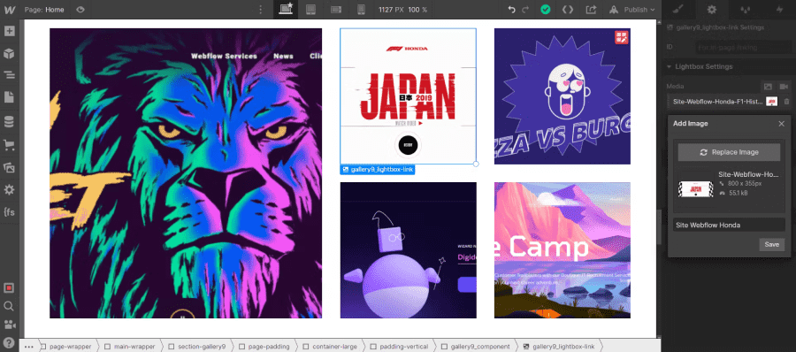 Ajout de fichier média à une lightbox dans paramètre Webflow