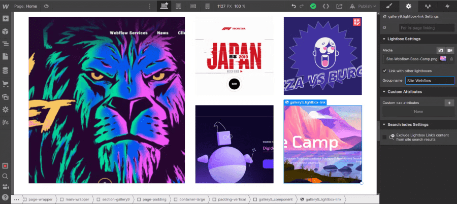 grouper des lightboxes dans Webflow