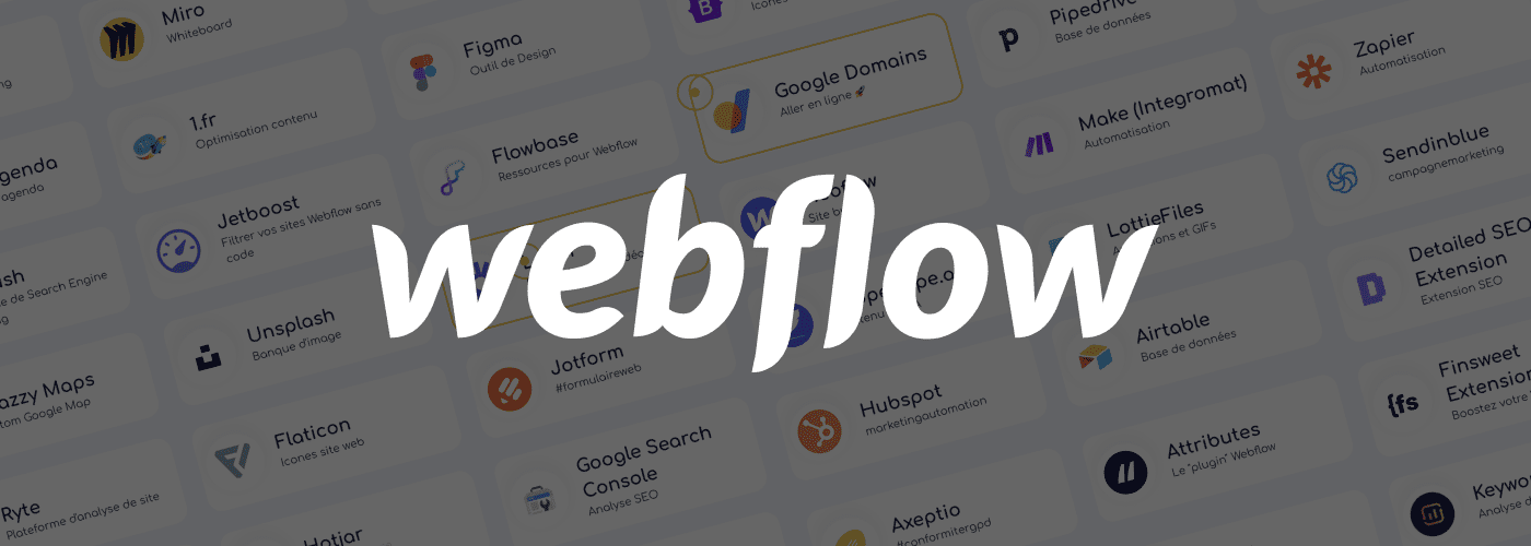 Logo webflow avec pleins d'outils no-code en arrière plan